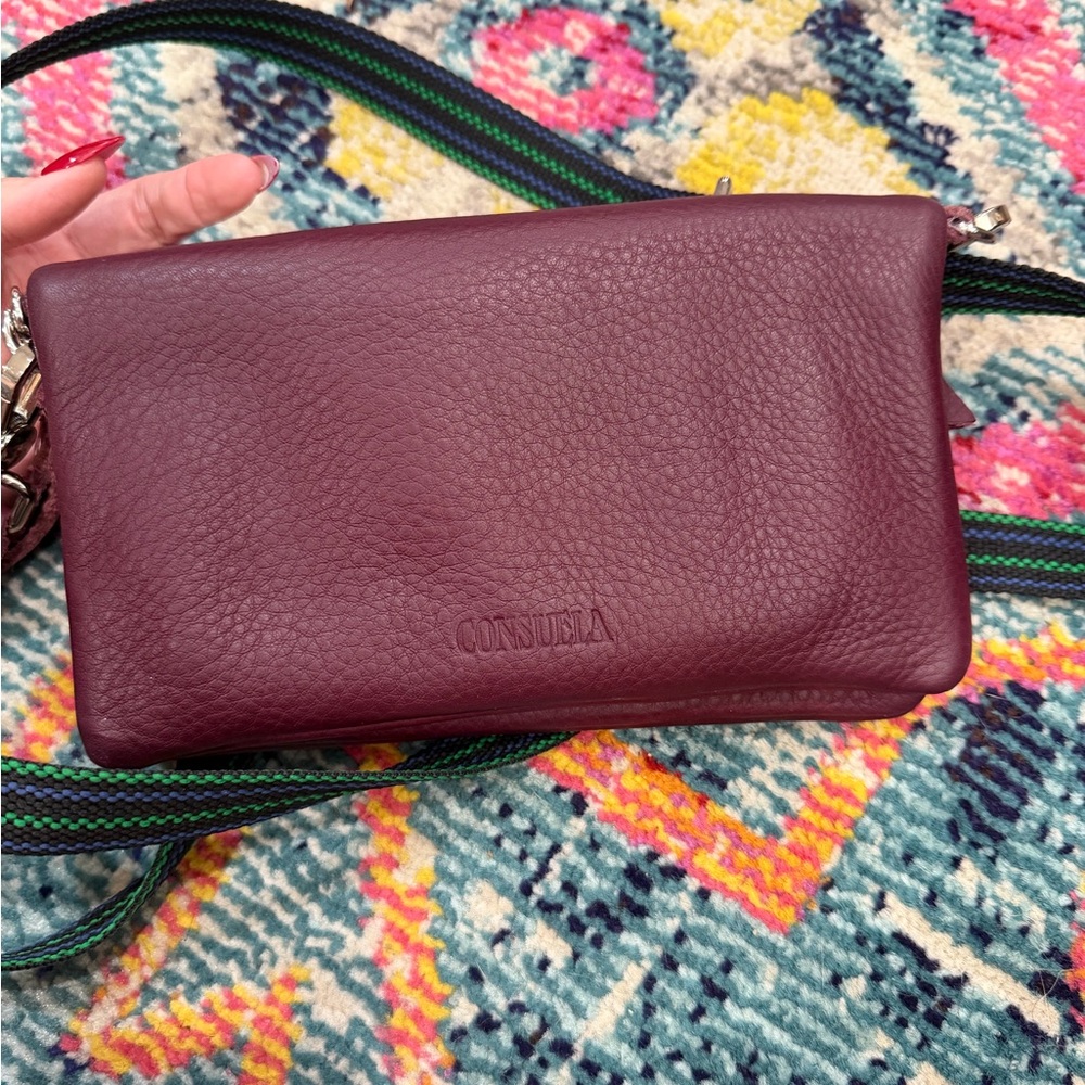 🌻🌻🌻Consuela Uptown in Plum Pebbled Leather Crossbody with Striped Strap